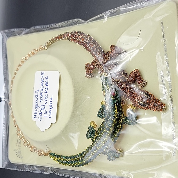 NOS Crystal Alligator Statement Necklace Green & Amber Rhinestone Crocodile Bib - Picture 14 of 15